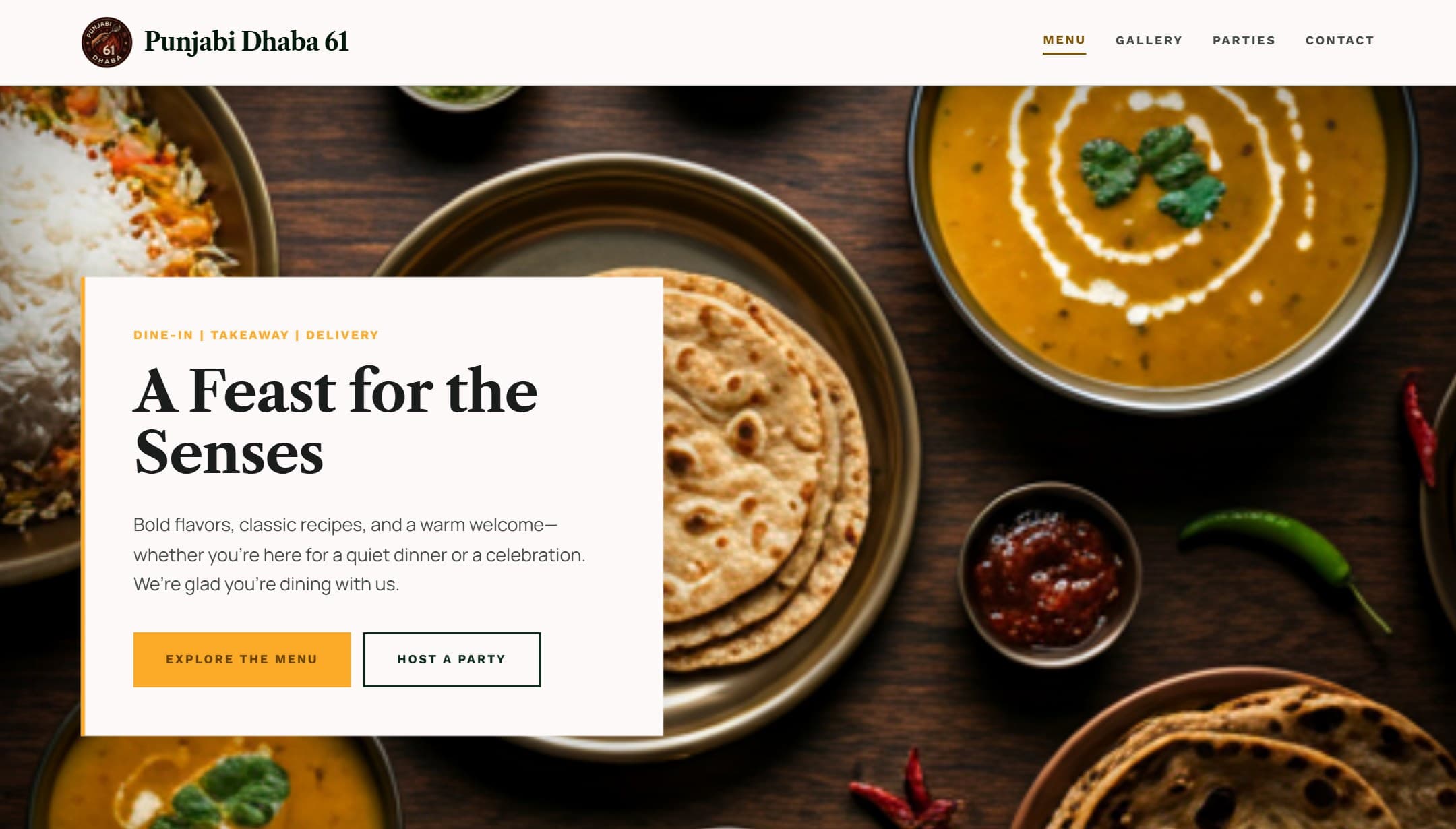 The Punjabi Dhaba 61 homepage: an overhead spread of dal, breads and rice behind the hero panel.
